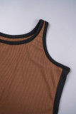 Coffee Casual Solid Patchwork O Neck Sleeveless Two Pieces