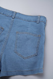 Deep Blue Casual Solid Patchwork Mid Waist Skinny Denim Shorts