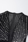 Black Sexy Patchwork Hot Drilling See-through Beading V Neck Long Sleeve Dresses