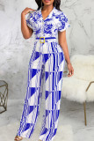 Blue Casual Print Patchwork Turndown Collar Regular Jumpsuits (The Belt Is Subject To The Actual Product)