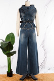 Blue Casual Solid Patchwork Asymmetrical Sleeveless Two Pieces