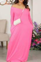 Pink Casual Solid Basic V Neck Long Sleeve Dresses