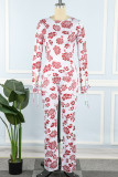 Pink Street Print Patchwork See-through O Neck Long Sleeve Two Pieces