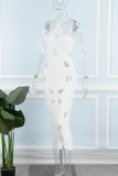 White Sexy Solid Hollowed Out Backless Halter Long Dress Dresses