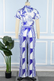 Blue Casual Print Patchwork Turndown Collar Regular Jumpsuits (The Belt Is Subject To The Actual Product)