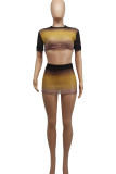 Yellow Sexy Gradual Change Patchwork O Neck Short Sleeve Two Pieces