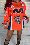 Orange Print Patchwork O Neck Tops