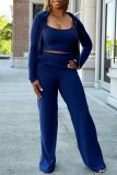 Deep Blue Casual Solid Basic Spaghetti Strap Long Sleeve Three Pieces