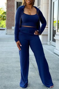 Deep Blue Casual Solid Basic Spaghetti Strap Long Sleeve Three Pieces
