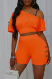 Orange Casual Solid Patchwork O Neck Short Sleeve Two Pieces