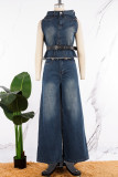 Blue Casual Solid Patchwork Asymmetrical Sleeveless Two Pieces