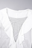 White Casual Solid Tassel See-through V Neck Wrapped Skirt Dresses