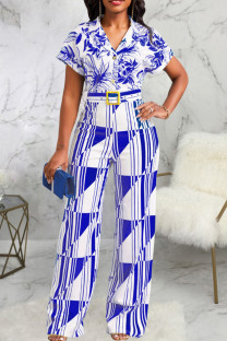 Blue Casual Print Patchwork Turndown Collar Regular Jumpsuits (The Belt Is Subject To The Actual Product)