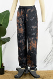 Olive Green Casual Print Tie Dye Basic Regular High Waist Conventional Full Print Trousers