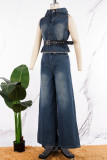 Blue Casual Solid Patchwork Asymmetrical Sleeveless Two Pieces