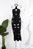 White Sexy Solid Hollowed Out Backless Halter Long Dress Dresses