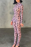 Pink Sexy Print Patchwork See-through Half A Turtleneck Skinny Jumpsuits