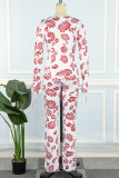 Pink Street Print Patchwork See-through O Neck Long Sleeve Two Pieces