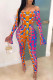 Blue Orange Sexy Print Patchwork Asymmetrical Off the Shoulder Long Sleeve Two Pieces