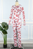Pink Street Print Patchwork See-through O Neck Long Sleeve Two Pieces