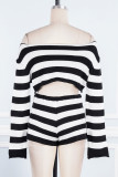 Black Casual Striped Patchwork Off the Shoulder Long Sleeve Two Pieces