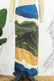 Green Casual Print Slit Skinny High Waist Conventional Full Print Skirts
