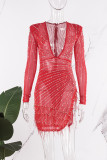 Rose Red Sexy Patchwork Hot Drilling See-through Beading V Neck Long Sleeve Dresses