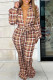 Earth Yellow Street Plaid Bandage Patchwork Buckle Turndown Collar Plus Size Jumpsuits