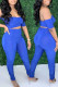 Blue Sexy Solid Patchwork Fold Off the Shoulder Short Sleeve Two Pieces
