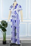 Blue Casual Print Patchwork Turndown Collar Regular Jumpsuits (The Belt Is Subject To The Actual Product)