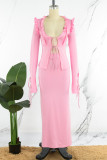 Pink Casual Solid Frenulum V Neck Long Sleeve Two Pieces