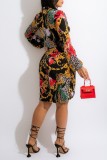 Multicolor Casual Print Frenulum V Neck Long Sleeve Dresses