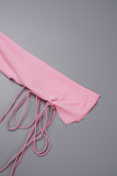 Pink Casual Solid Frenulum V Neck Long Sleeve Two Pieces