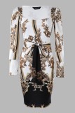 Cream White Casual Print Patchwork Square Collar Long Sleeve Dresses