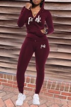 Burgundy Casual Letter Print Patchwork Hooded Collar Long Sleeve Two Pieces