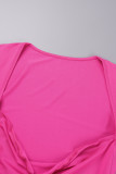 Rose Red Sexy Casual Solid Basic Square Collar Long Sleeve Dresses