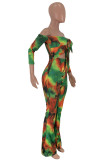 Multi-color Sexy Street Print Bandage Hollowed Out Patchwork Asymmetrical With Bow Off the Shoulder Regular Jumpsuits