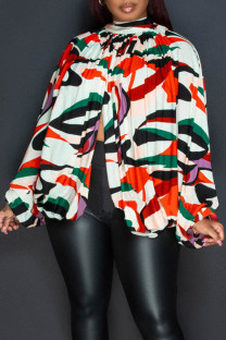 White Sexy Print Patchwork Asymmetrical O Neck Tops