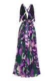 Purple Casual Print Bandage Backless V Neck Long Dress Dresses
