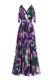Purple Casual Print Bandage Backless V Neck Long Dress Dresses