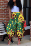 Multicolor Fashion Casual Print Strap Design With Belt Regular High Waist Trousers