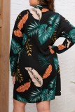 Multicolor Casual Print Patchwork Turndown Collar Long Sleeve Plus Size Dresses