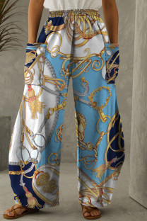 Light Blue Casual Print Patchwork Pocket Regular High Waist Conventional Full Print Trousers