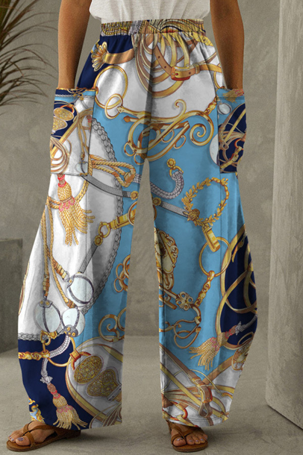 Light Blue Casual Print Patchwork Pocket Regular High Waist Conventional Full Print Trousers
