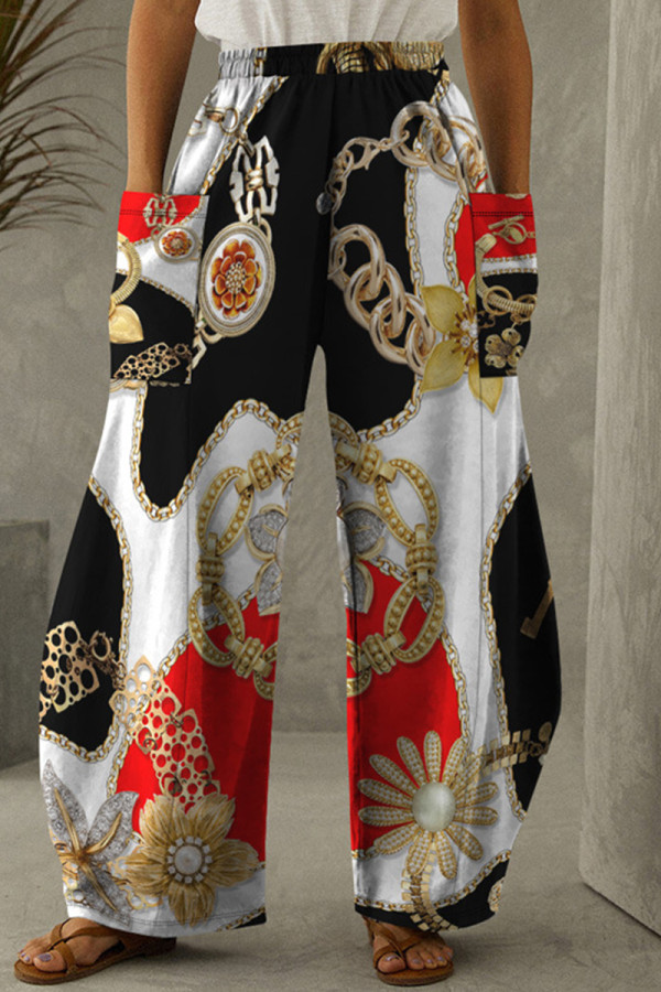 Black Red Casual Print Patchwork Pocket Regular High Waist Conventional Full Print Trousers
