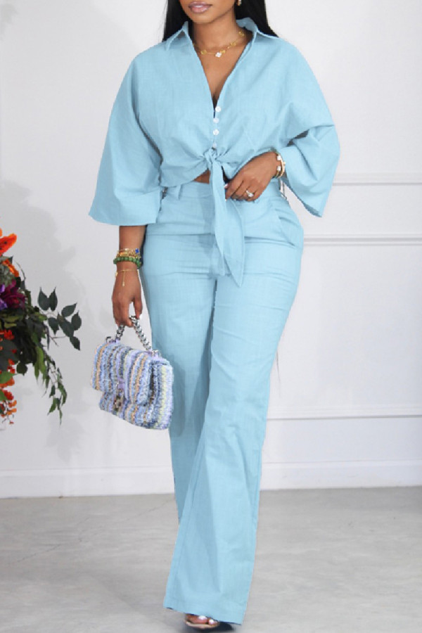 Blue Casual Solid Patchwork V Neck Long Sleeve Two Pieces