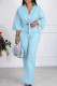 Blue Casual Solid Patchwork V Neck Long Sleeve Two Pieces