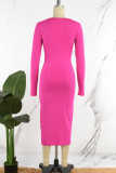 Rose Red Sexy Casual Solid Basic Square Collar Long Sleeve Dresses