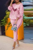 Pink Casual Solid Sequins Patchwork O Neck Long Sleeve Two Pieces