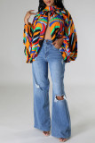 Orange Sexy Print Patchwork Asymmetrical O Neck Tops
